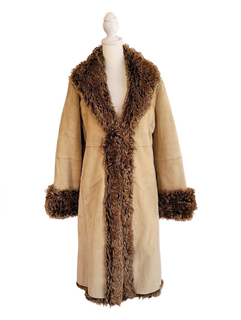 Vintage Marvin Richards Tan Suede Penny Lane Coat Faux Fur Trim Boho Y2K Size S